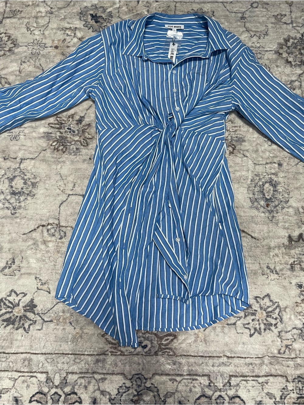Steve Madden Blue and White Striped Tie-Front Shirt Dress